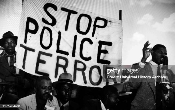 Demo during South Africa under the Apartheid administration, 1955. Apartheid was a system of institutionalized racial segregation that existed in...
