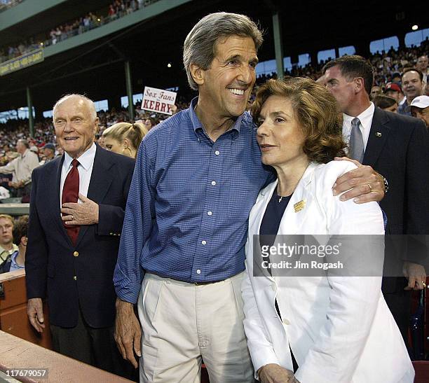 Former Senator John Glenn with Democratic presidential hope John Kerry and his wife Teresa Heinz Kerry at Fenway Park in Boston, as the Boston Red...