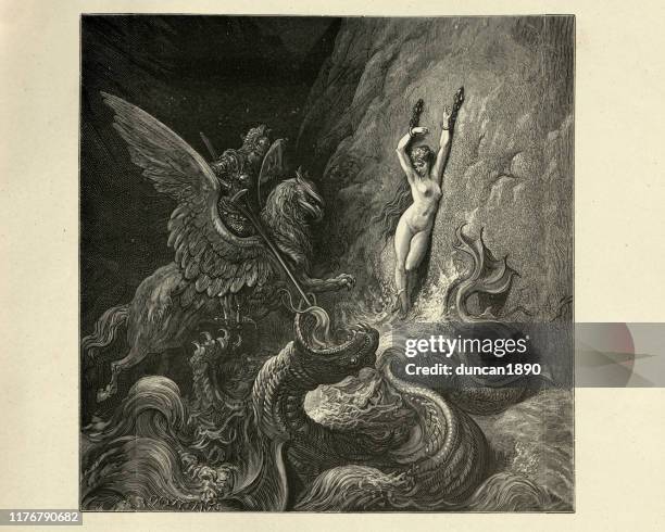 ruggiero rescues angelique from a sea monster, orlando furioso - animal sacrifice stock illustrations