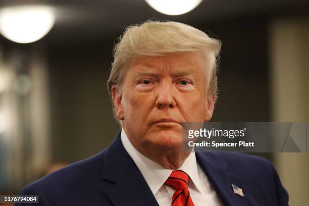 President Donald Trump speaks to the media at the United Nations General Assembly on September 24, 2019 in New York City. World leaders are gathered...