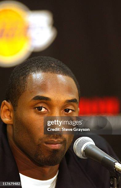 Kobe Bryant answers questions during a press conference held at the Lakers training facility in El Segundo, Calif.. Thursday, July 15, 2004. Bryant...