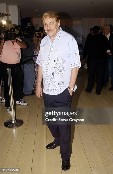 Dr. Jerry Buss poses for photographers at the Los Angeles Lakers victory celebration at Ian Schrager's Ultra Chic Mondrian Hotel.