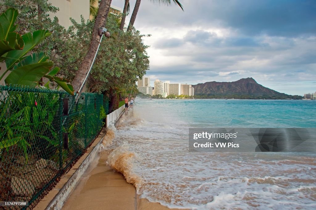 Record high tides or king tides in Waikiki Beach in May 2017. Oahu. Hawaii