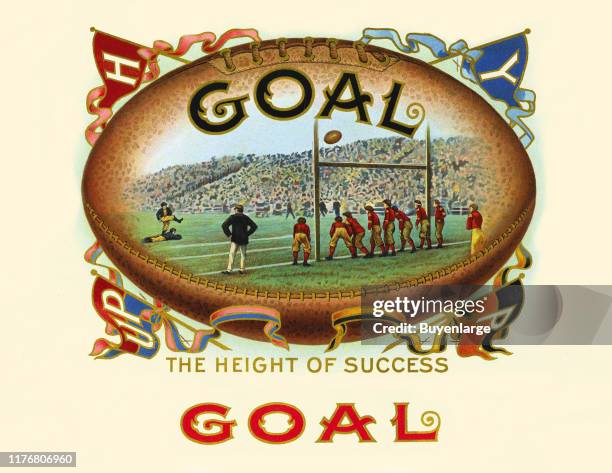 Cigar box label reads 'Goal: The Height of Success' and features an illustration of an Ivy League rugby match surrounded by pennants from Harvard,...