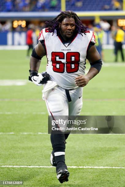 Jamon Brown of the Atlanta Falcons walks off the field a loss to the Indianapolis Colt at Lucas Oil Stadium on September 22, 2019 in Indianapolis,...