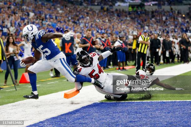 Marlon Mack of the Indianapolis Colts runs for a touchdown in the game against the Atlanta Falcons at Lucas Oil Stadium on September 22, 2019 in...