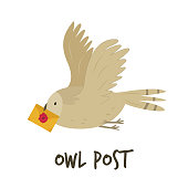 Cute flying owl with a letter. Owl post concept. Vector illustration.