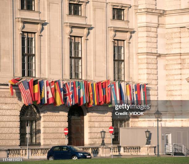 een aantal vlaggen in het ovse-gebouw in wenen. - verdragen en internationale organisaties stockfoto's en -beelden