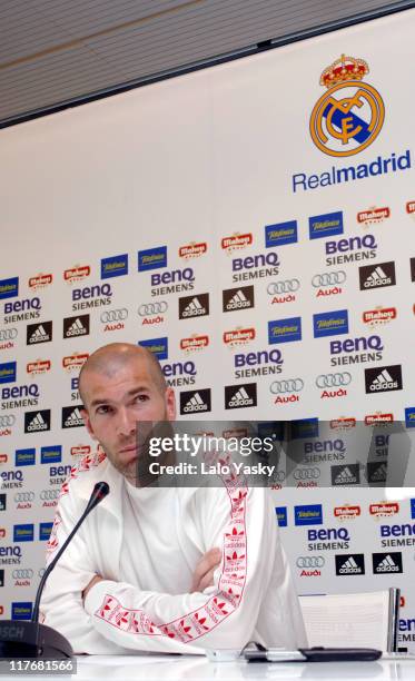 Zinedine Zidane holds a press conference on April 26, 2006 in Madrid, Spain announcing his retirement after the 2006 World Cup in Germany.