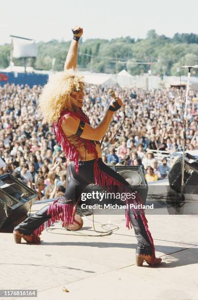 American singer Dee Snider performs live on stage with glam metal group Twisted Sister at the Reading Festival in Reading, England on 29th August...