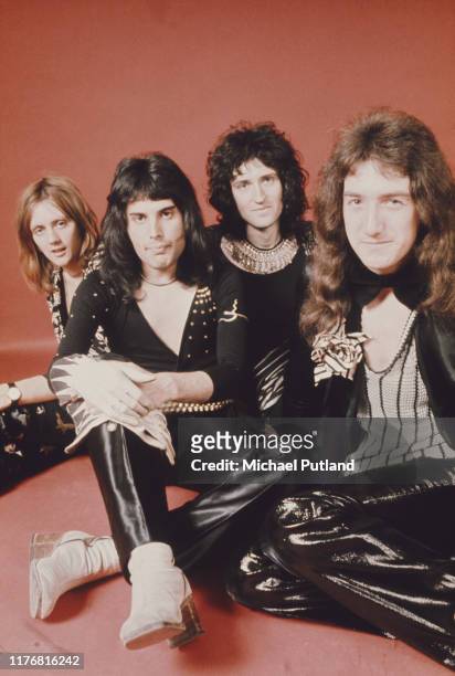 From left to right, drummer Roger Taylor, singer Freddie Mercury , guitarist Brian May and bassist John Deacon of British rock band Queen posed in...