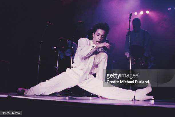 American singer, songwriter and musician Prince performs on stage on the Hit N Run-Parade Tour, Wembley Arena, London, August 1986.