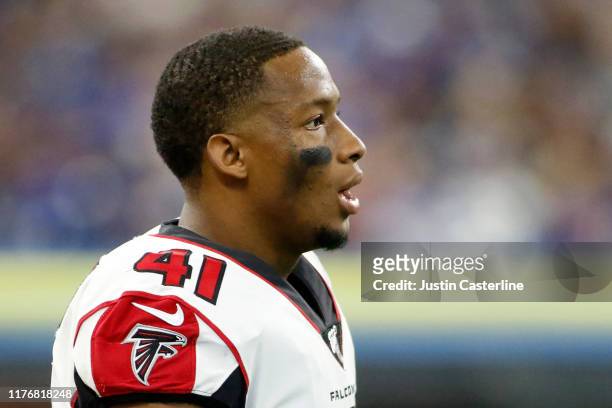Sharrod Neasman of the Atlanta Falcons on the sidelines during game against the Indianapolis Colts at Lucas Oil Stadium on September 22, 2019 in...