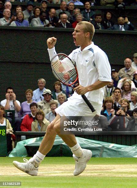 Lleyton Hewitt in his 7-5, 6-1, 7-5 victory over Tim Henman in the semifinals of the 2002 Wimbledon Tennis Championships.