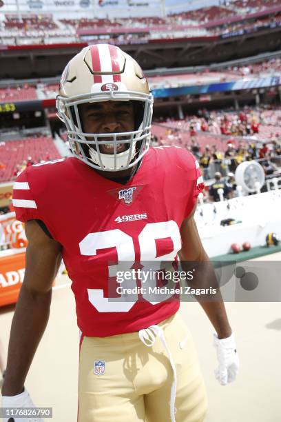 Antone Exum Jr. #38 of the San Francisco 49ers stands on the field prior to the game against the Pittsburgh Steelers at Levi's Stadium on September...