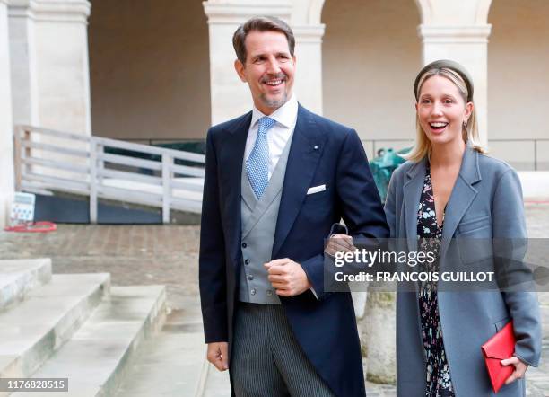 Crown Prince Pavlos of Greece and Crown Princess Marie-Chantal arrive to attend the wedding of prince Napoleon and Countess Olympia Arco-Zinneberg at...