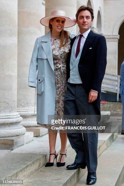 Britain's Princess Beatrice and property tycoon Edoardo Mapelli Mozzi arrive to attend the wedding of prince Napoleon and Countess Olympia...