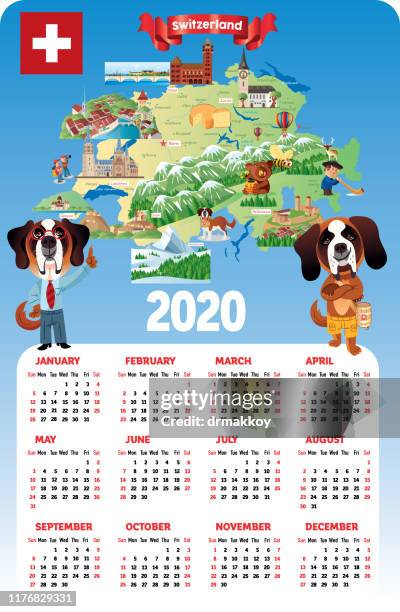 switzerland calendar 2020, winterthur,herisau, appenzell, zürichsee, liestal, aarau, olten, porrentruy, delemont, solothurn, biel, zug, niederurnen, glarus, schwyz, neuchatel, fribourg, thun, burgdorf, altdort, andermatt, gletsch, locarno, brig, sierre - burgdorf switzerland stock-grafiken, -clipart, -cartoons und -symbole