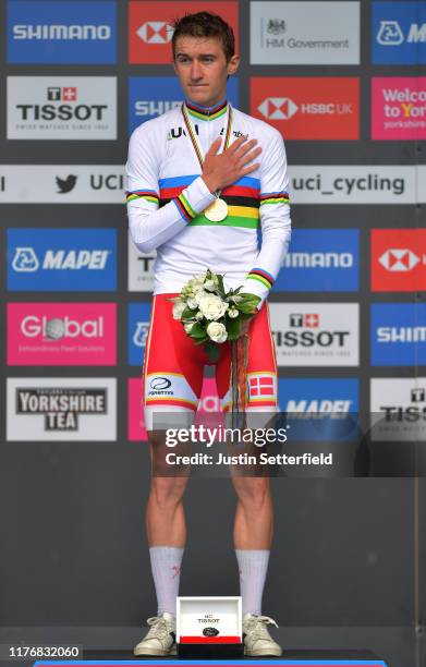 Podium / Mikkel Bjerg of Denmark Gold Medal / Celebration / during the 92nd UCI Road World Championships 2019, Men U23 Individual Time Trial a 32km...