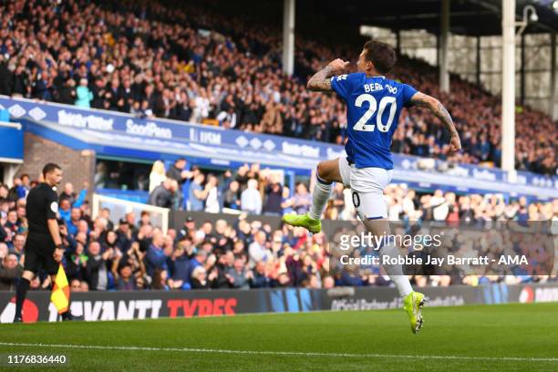 Bernard of Everton celebrates after scoring a goal to make it 1-0 during the Premier League match between Everton FC and West Ham United at Goodison...