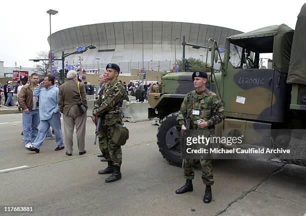 The National Guard on duty outside the Superdome before the kickoff of Super Bowl XXXVI.
