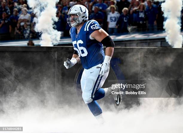 Quenton Nelson of the Indianapolis Colts takes the field before the start of the game against the Atlanta Falcons at Lucas Oil Stadium on September...