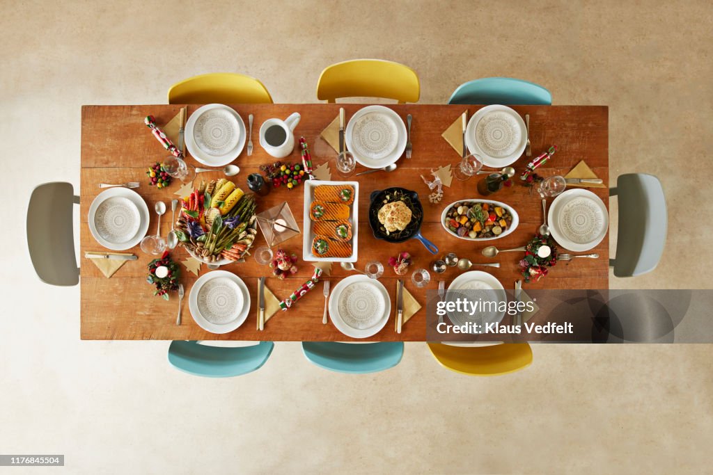 Directly above shot of vegan Christmas meal on table at home