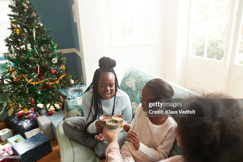 Sisters toasting drinks at home during Christmas