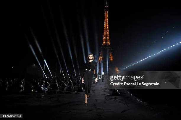 Kaia Gerber walks the runway during the Saint Laurent Womenswear Spring/Summer 2020 show as part of Paris Fashion Week on September 24, 2019 in...