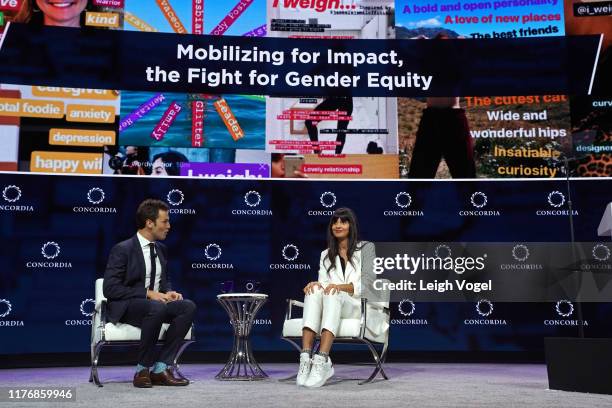 Jake Horowitz, Co-Founder & Editor-at-Large, Policymic, and Jameela Jamil, Activist & Founder, I Weigh, speak onstage during the 2019 Concordia...