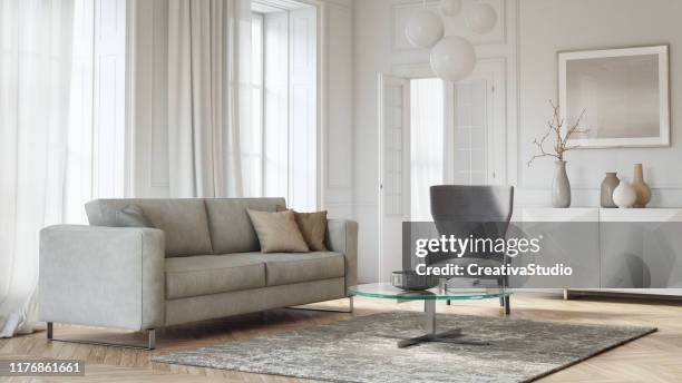 moderne skandinavische wohnzimmer interieur - 3d render - beautiful living room stock-fotos und bilder