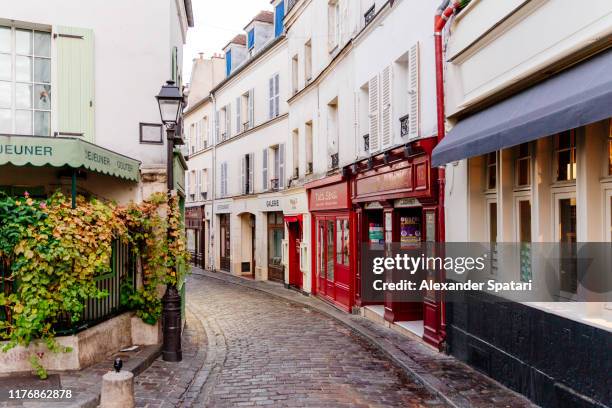 narrow cobbled street in montmartre, paris, france - montmartre stockfoto's en -beelden