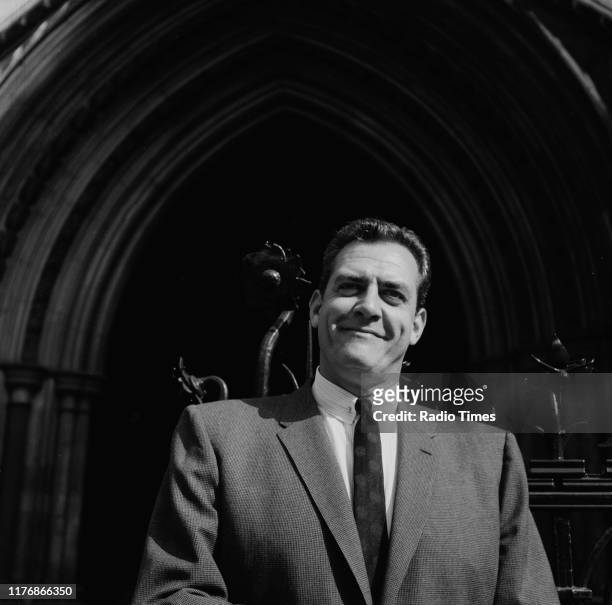 Actor Raymond Burr outside the Royal Courts of Justice during a promotional tour for his television show 'Perry Mason', London, 1961.