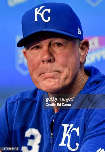 Ned Yost of the Kansas City Royals address the media as he talks about retiring as manager of the team at Kauffman Stadium on September 24, 2019 in...