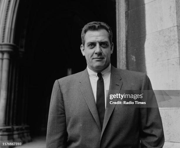 Actor Raymond Burr outside the Royal Courts of Justice during a promotional tour for his television show 'Perry Mason', London, 1961.