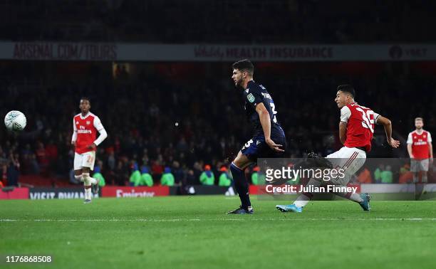 Gabriel Martinelli of Arsenal scores the fifth goal during the Carabao Cup Third Round match between Arsenal and Nottingham Forest at Emirates...