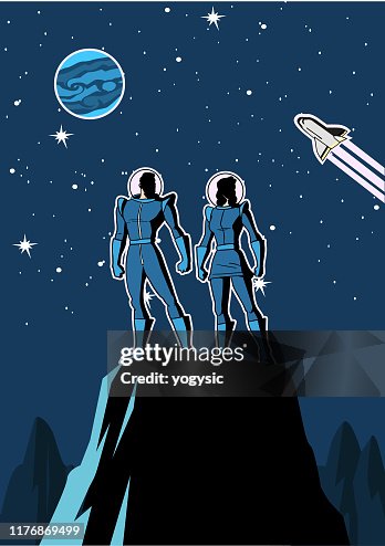 Vector Retro Astronaut Couple in Space Cartoon illustration Vector Retro Astronaut Couple in Space Cartoon illustration