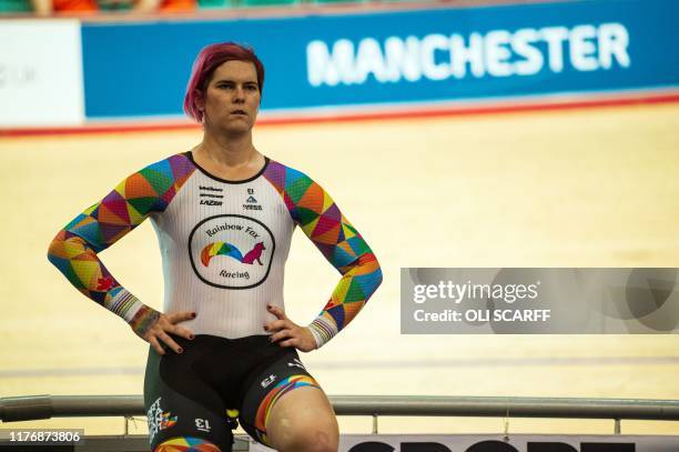 Canadian cyclist Rachel McKinnon warms up before competing in her F35-39 sprint semi-final during the 2019 UCI Track Cycling World Masters...