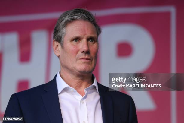 Britain's main opposition Labour Party shadow Secretary of State for Exiting the EU Keir Starmer stands on stage in Parliament Square in central...