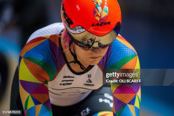 Canadian cyclist Rachel McKinnon prepares to compete against the USA's Dawn Orwick in their F35-39 Sprint Final during the 2019 UCI Track Cycling...