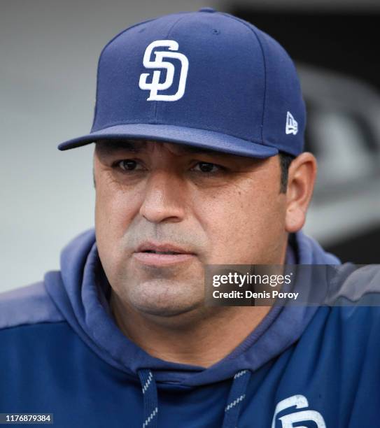 Interim manager Rod Barajas of the San Diego Padres looks on from the dugout before a baseball game against the Arizona Diamondbacks at Petco Park...