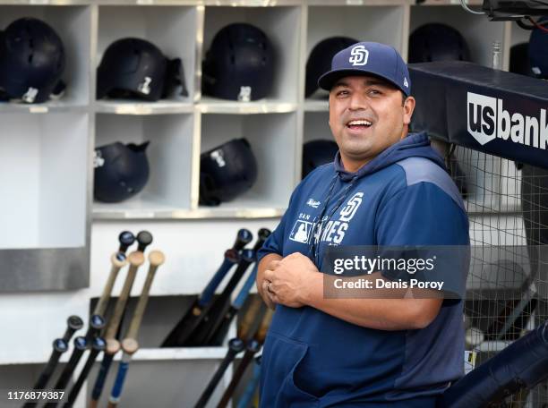 Interim manager Rod Barajas of the San Diego Padres looks on from the dugout before a baseball game against the Arizona Diamondbacks at Petco Park...