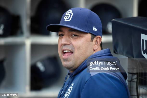 Interim manager Rod Barajas of the San Diego Padres looks on from the dugout before a baseball game against the Arizona Diamondbacks at Petco Park...