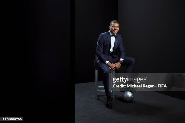 Kylian Mbappe of Paris Saint-Germain poses for a portrait in the photo booth prior to The Best FIFA Football Awards 2019 at Excelsior Hotel Gallia on...