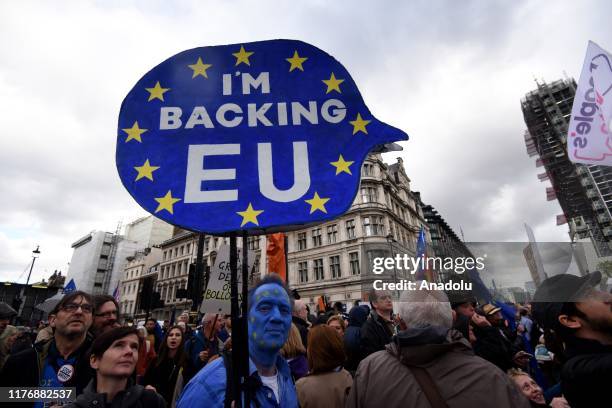 Crowds march through central London to demand a People's Vote on the Government's new Brexit deal on October 19, 2019 in London, England. Thousands...