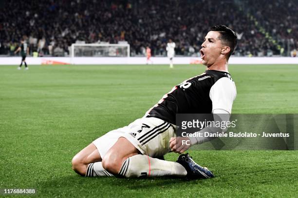 Cristiano Ronaldo of Juventus celebrates after his opening goal during the Serie A match between Juventus and Bologna FC at Allianz Stadium on...