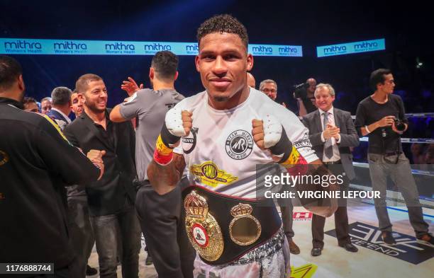 Belgian Ryad Merhy celebrates after winning a boxing fight between Belgian Ryad Merhy and Hungarian Imre Szello, the interim World Boxing Association...