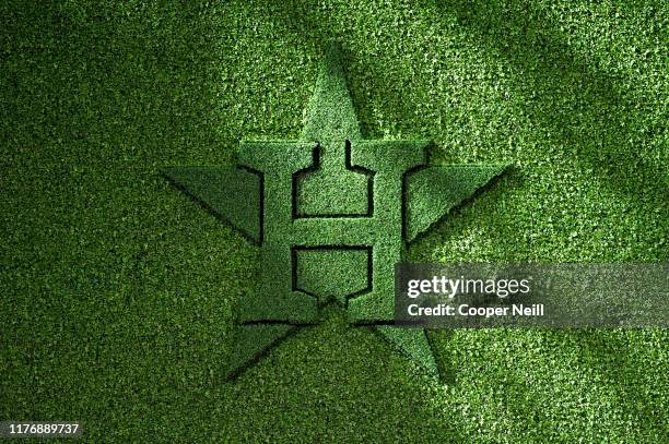 Detail shot of the topiary Houston Astros logo at center field prior to Game 6 of the ALCS between the New York Yankees and the Houston Astros at...