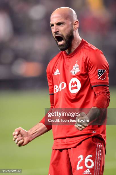 Laurent Ciman of Toronto FC celebrates a goal during the MLS Cup Playoffs match between Toronto FC and DC United on October 19 at BMO Field in...