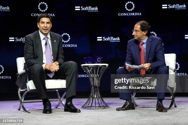 Marcelo Claure, COO, Softbank Group, and José Manuel Restrepo Abondano, Minister of Commerce of Colombia, speak onstage during the 2019 Concordia...